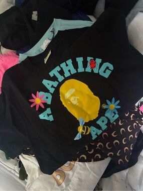 A Bathing Ape Black Graphic Tee - Yellow & Aqua Logo
